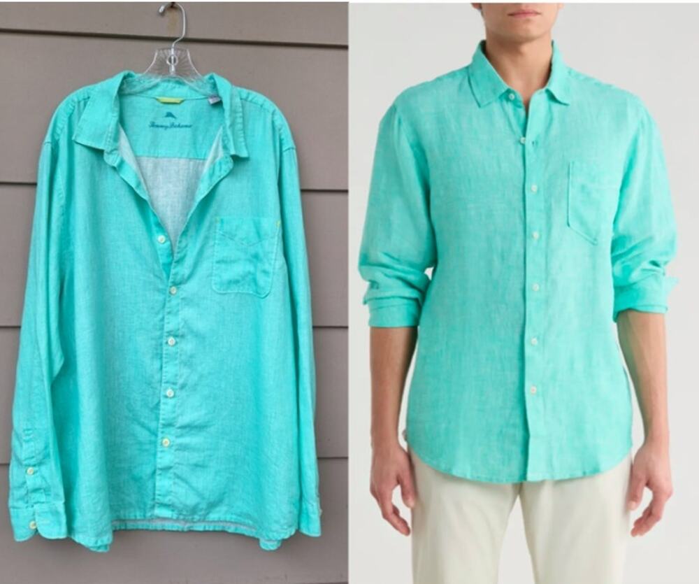 Tommy Bahama Men's 100% Linen Bali Breeze Mint Green button up Shirt XXL Summer
